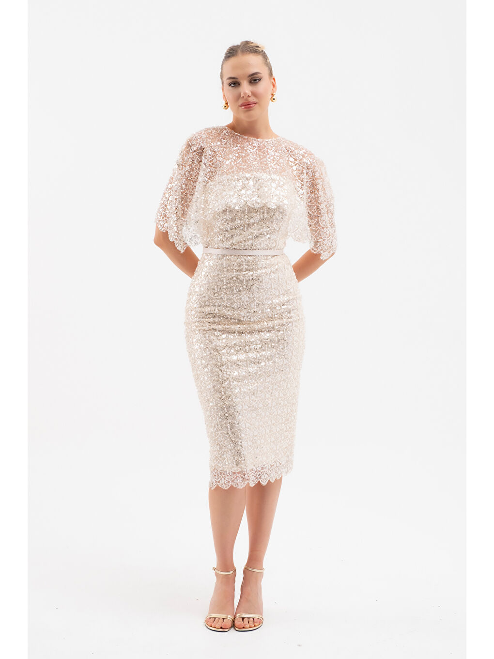 Kadın Bej Bolero Detay Boncuklu Midi Söz Nişan Abiye Elbise-1