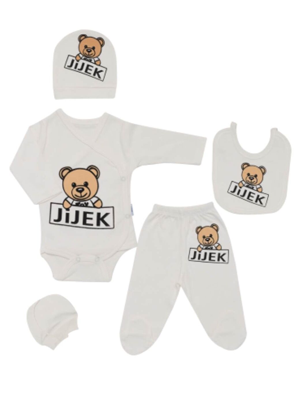 Ekru  Ayı Baskılı Organik Pamuk Kutulu 5 Parça Hastane Çıkış Seti