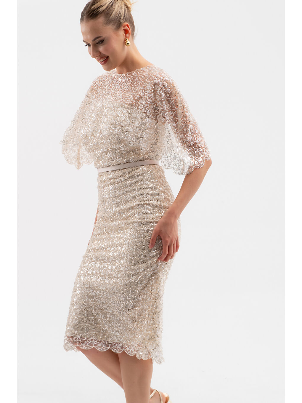 Kadın Bej Bolero Detay Boncuklu Midi Söz Nişan Abiye Elbise-2
