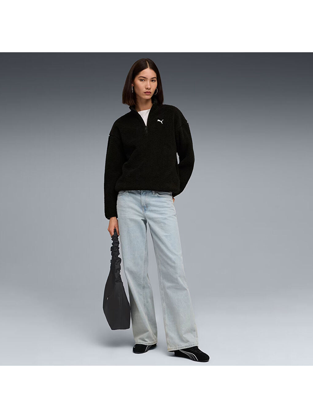 Essentials Elevated Sherpa Cr Kadın Siyah Dik Yaka Sweatshirt-2