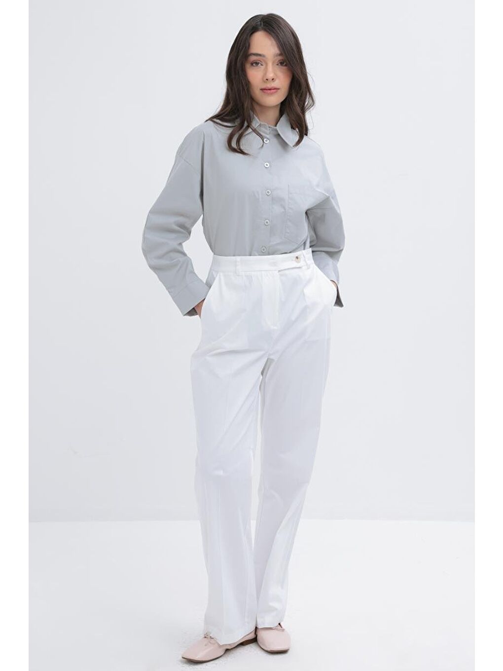 Beyaz-Boru Paça Elastanlı Pantolon