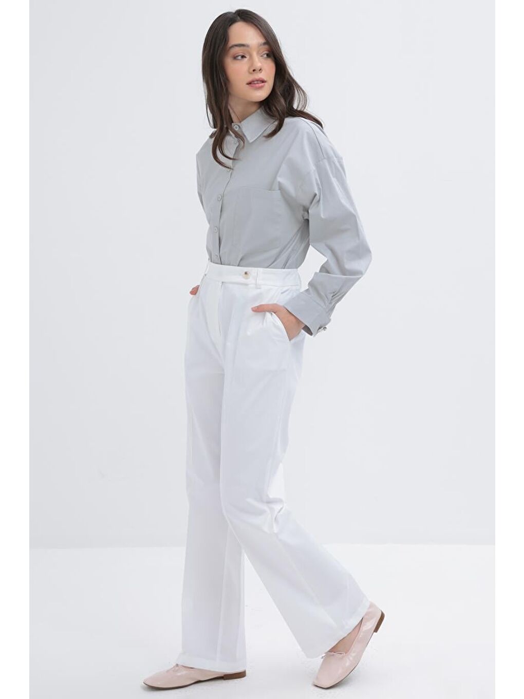 Beyaz-Boru Paça Elastanlı Pantolon-1