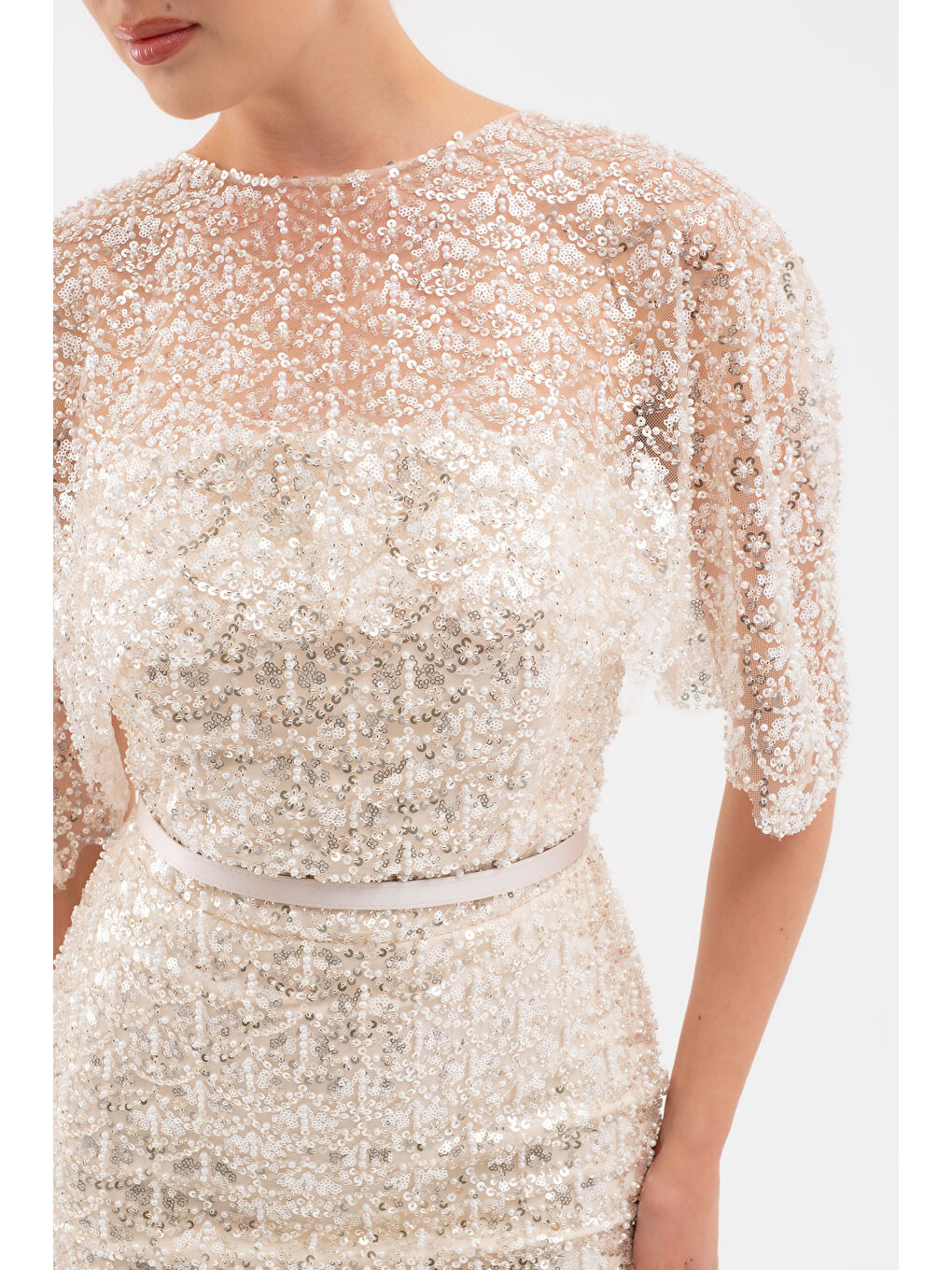 Kadın Bej Bolero Detay Boncuklu Midi Söz Nişan Abiye Elbise-3