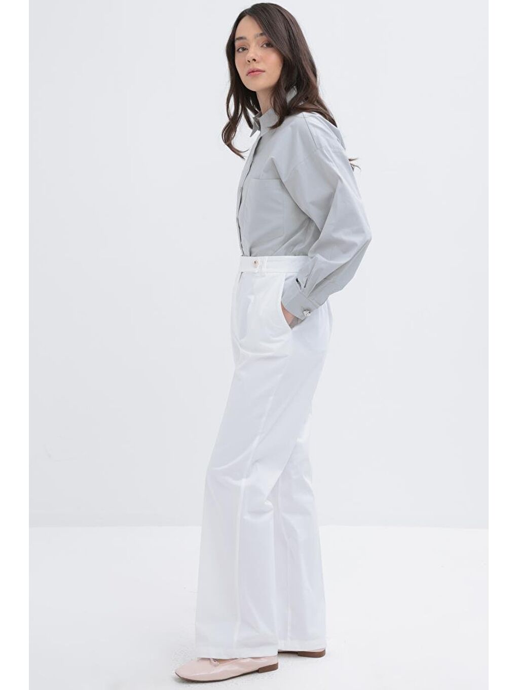 Beyaz-Boru Paça Elastanlı Pantolon-2