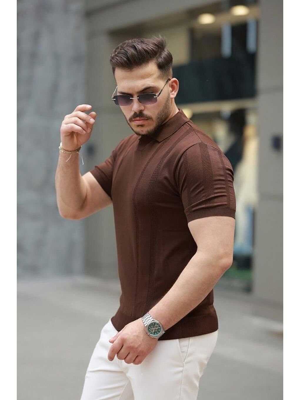 Kahverengi Erkek Hemşire Yaka Kısa Kollu Tişört-1