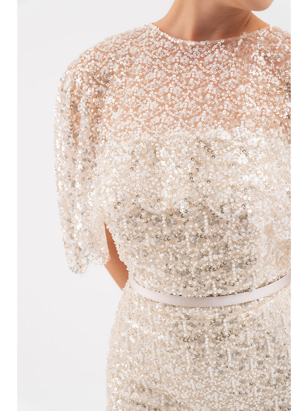 Kadın Bej Bolero Detay Boncuklu Midi Söz Nişan Abiye Elbise-4