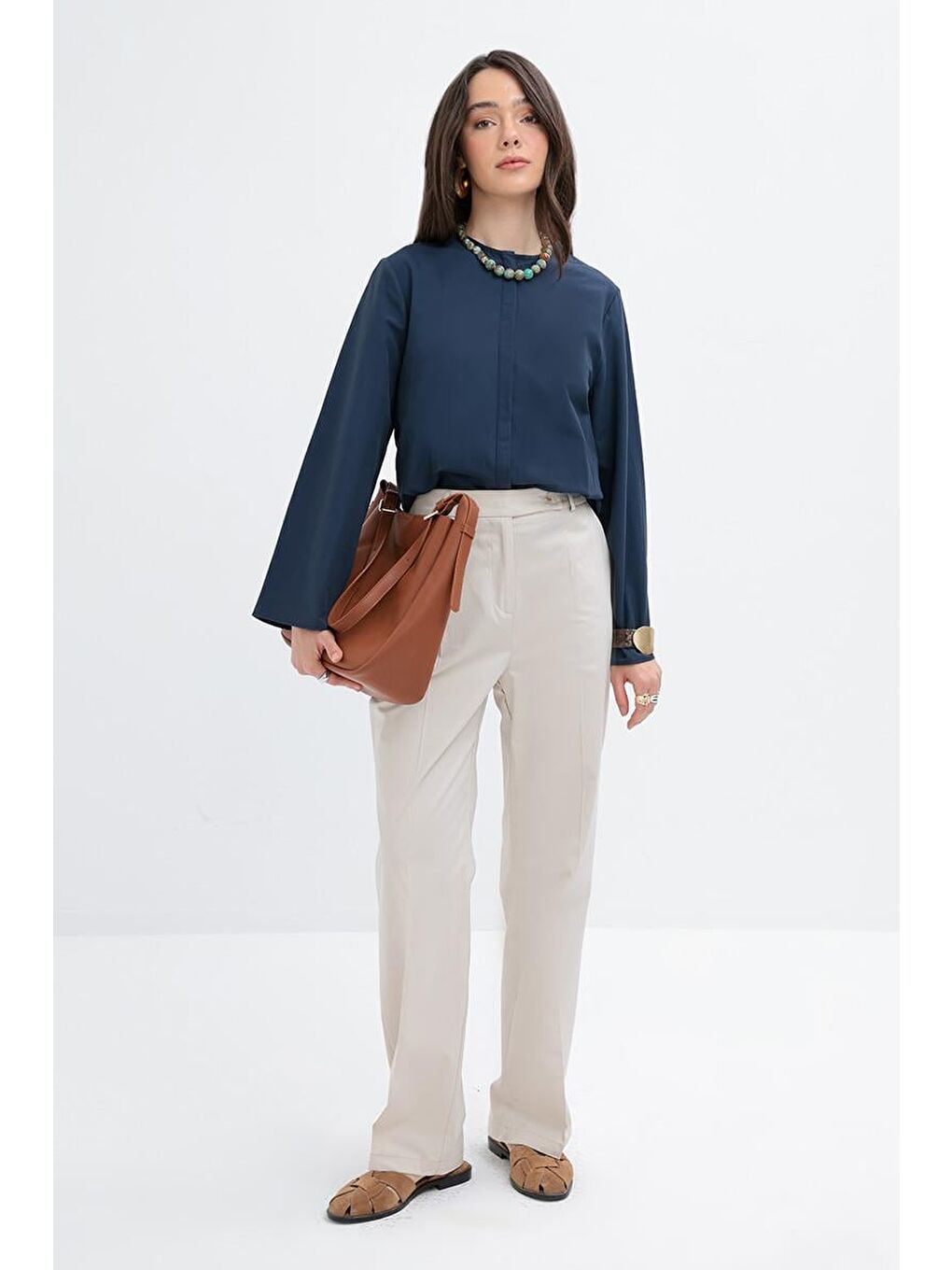 Bej Taş-Boru Paça Elastanlı Pantolon-1