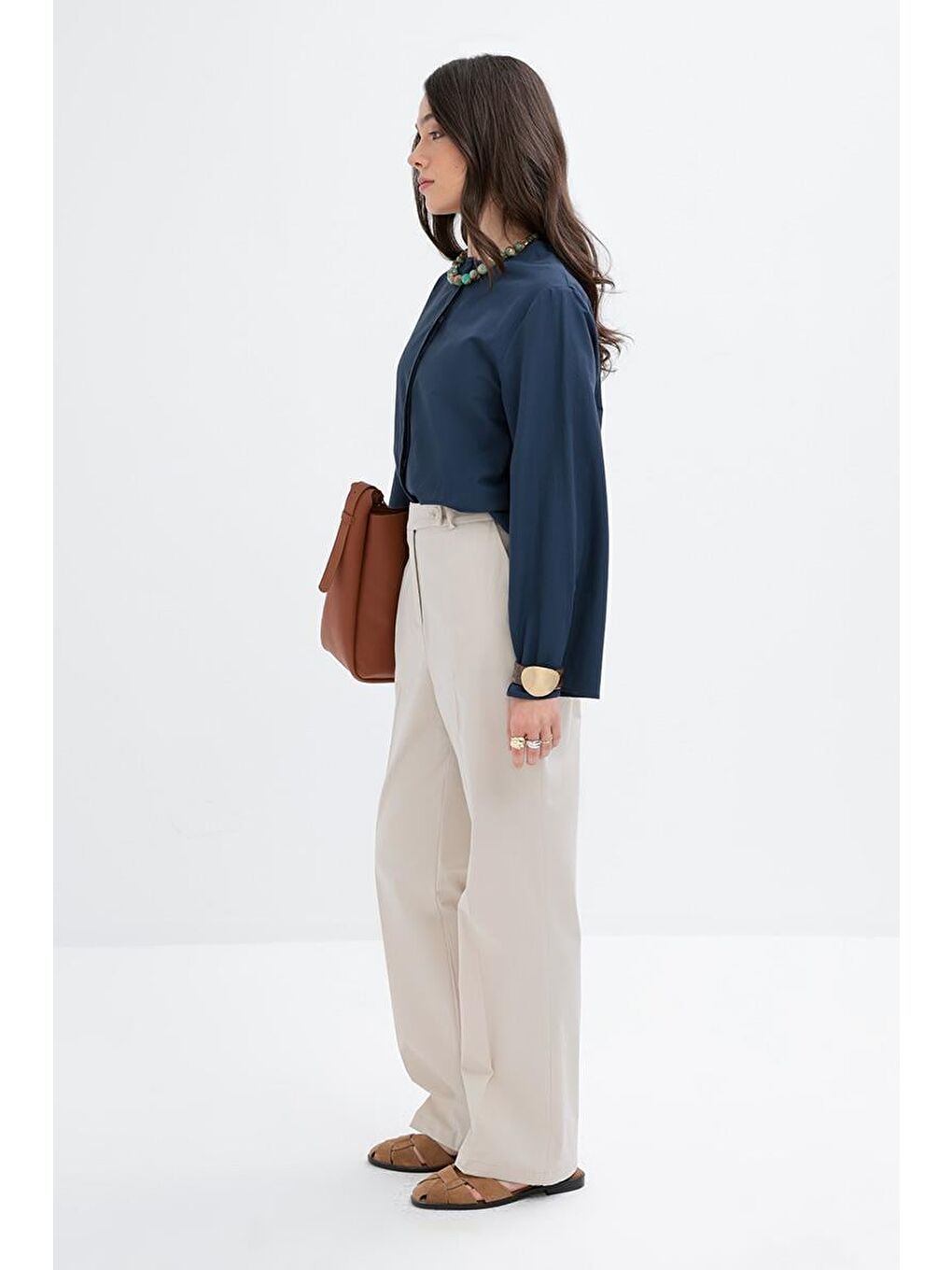 Bej Taş-Boru Paça Elastanlı Pantolon-2