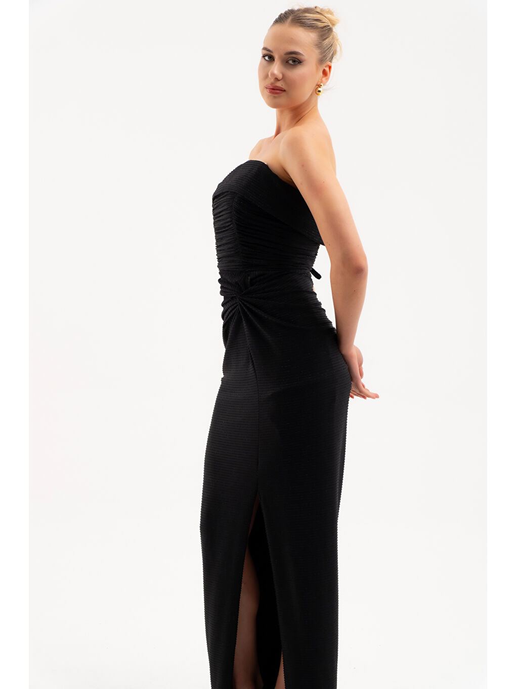 Kadın Siyah Straplez Yaka Düğüm Detay Uzun Abiye Elbise-2