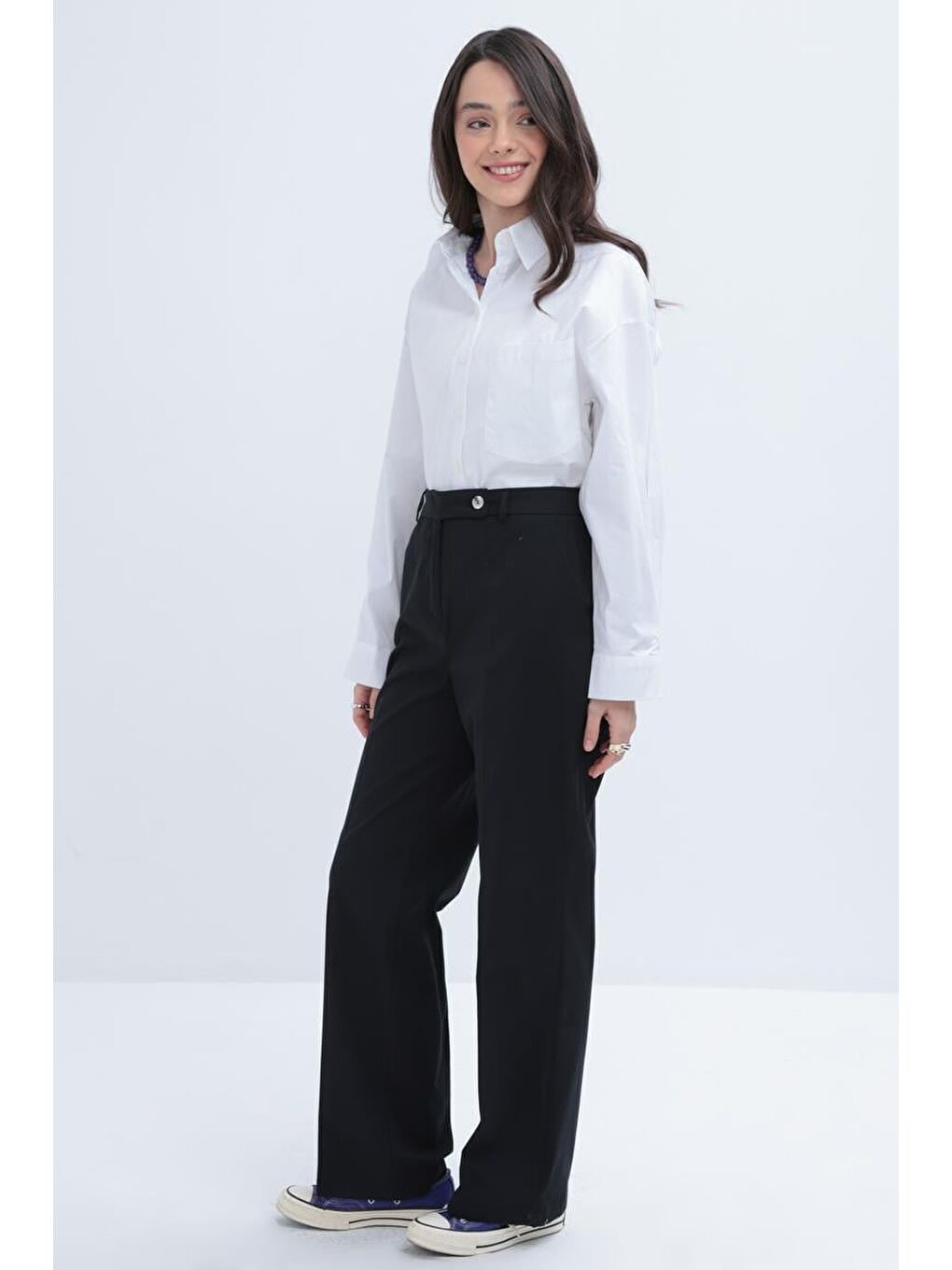 Siyah-Boru Paça Elastanlı Pantolon-1