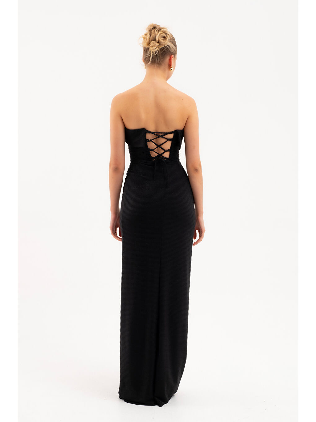 Kadın Siyah Straplez Yaka Düğüm Detay Uzun Abiye Elbise-5