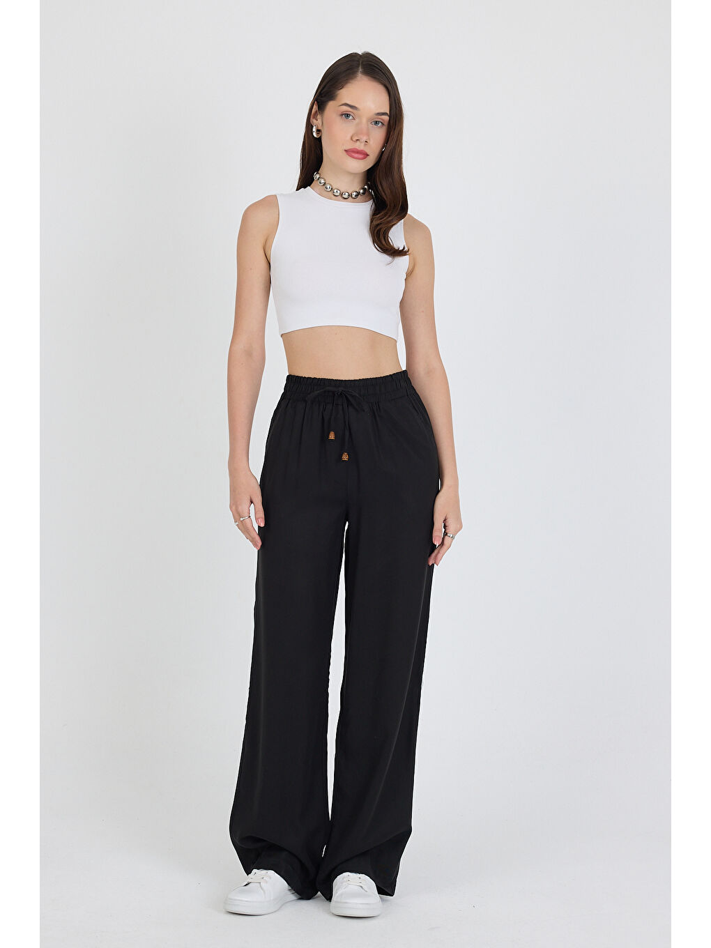Siyah Beli Lastikli Bol Paça Keten Kadın Pantolon 1460