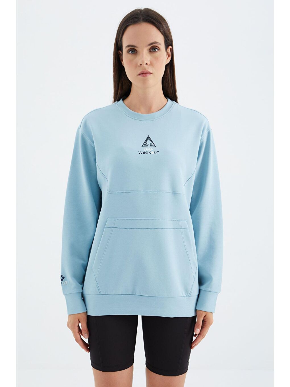 Açık Mavi O Yaka Cep Detaylı Oversize Kadın Sweatshirt - 97276