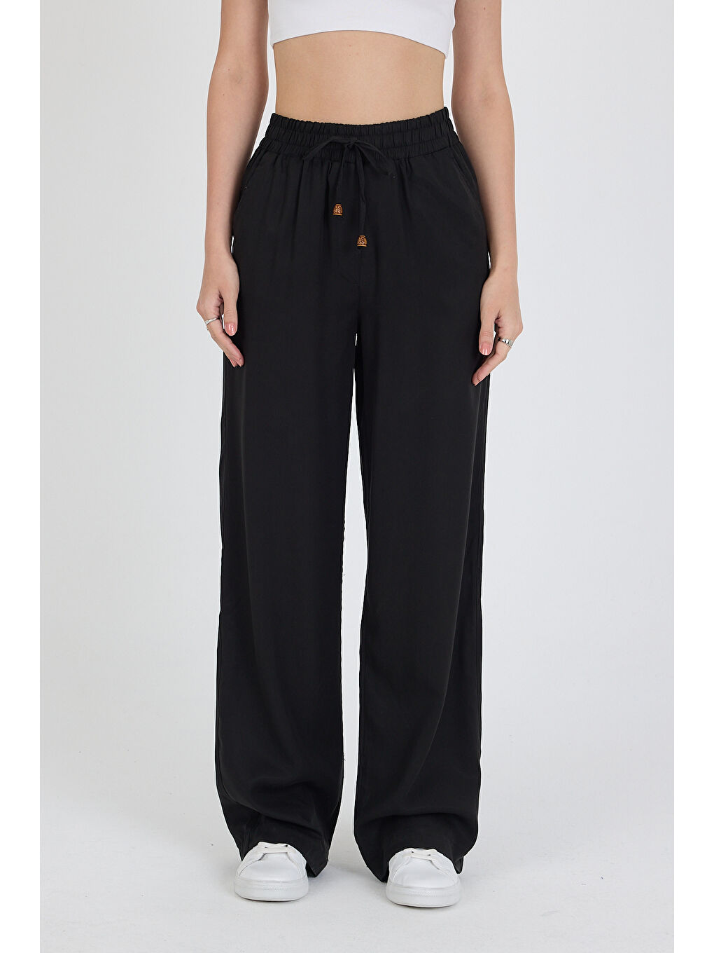 Siyah Beli Lastikli Bol Paça Keten Kadın Pantolon 1460-1