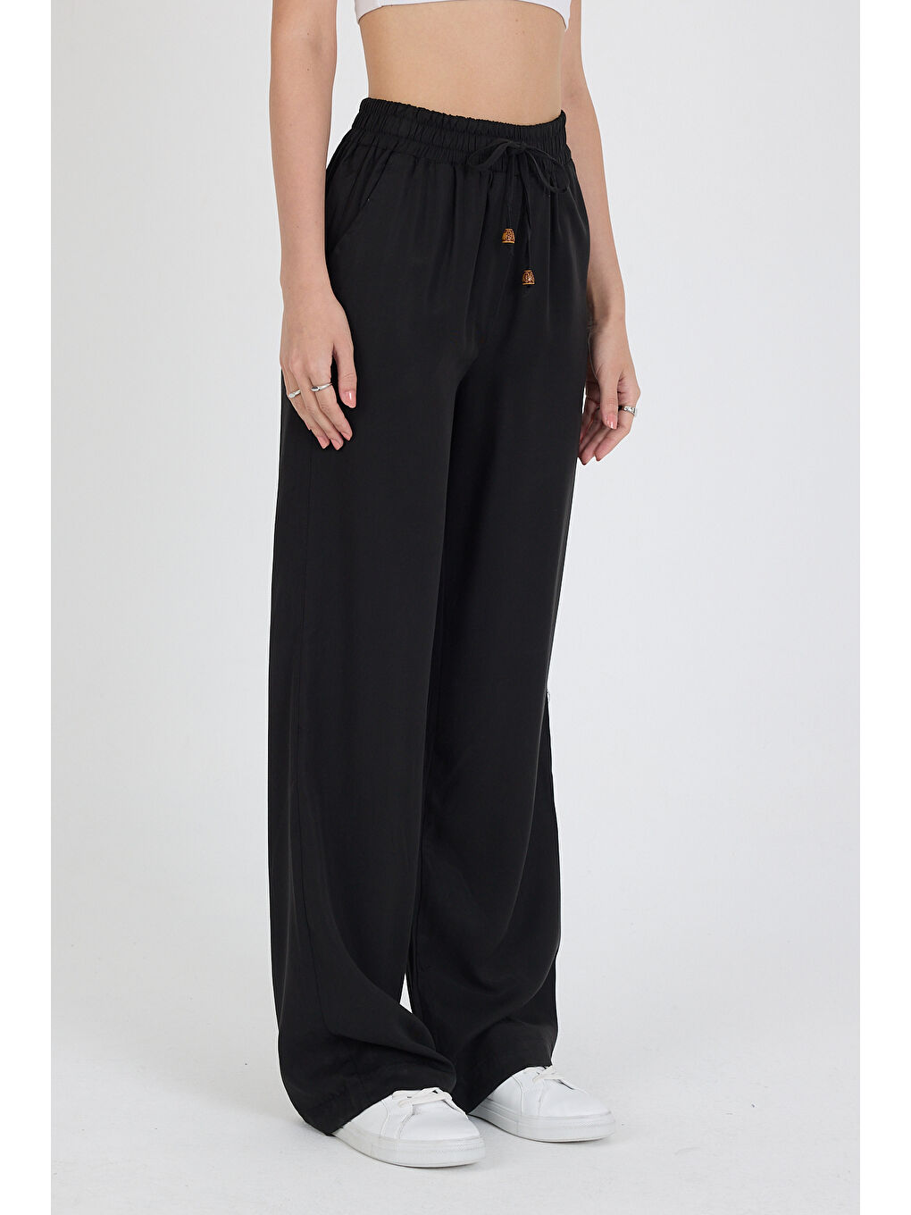 Siyah Beli Lastikli Bol Paça Keten Kadın Pantolon 1460-3