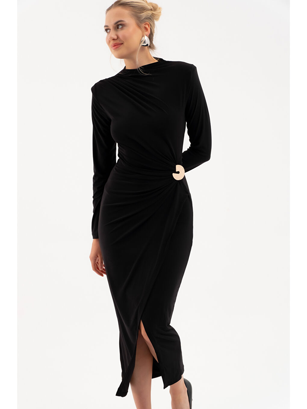 Kadın Siyah Aksesuar Detay Midi Elbise-2