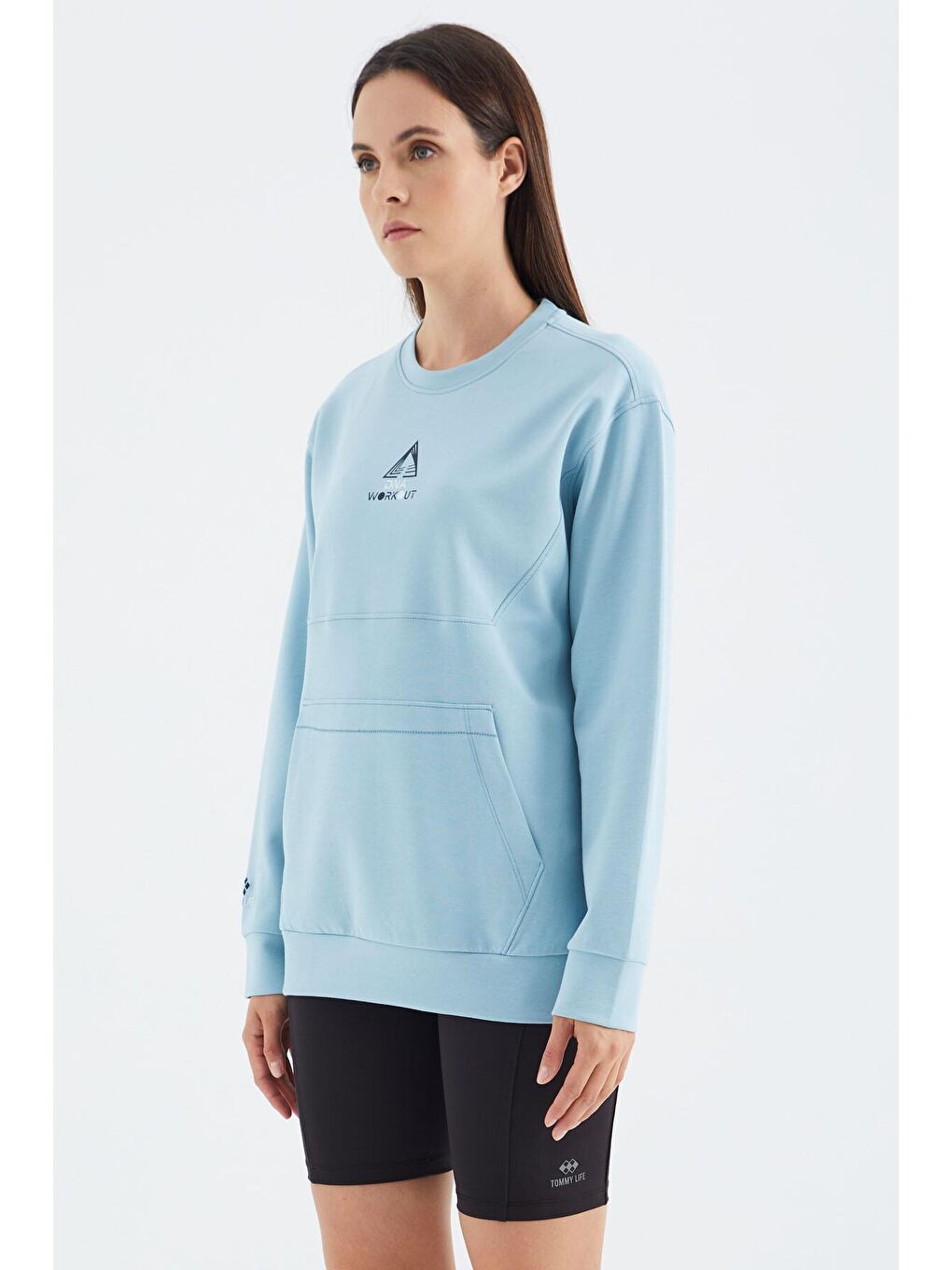 Açık Mavi O Yaka Cep Detaylı Oversize Kadın Sweatshirt - 97276-3