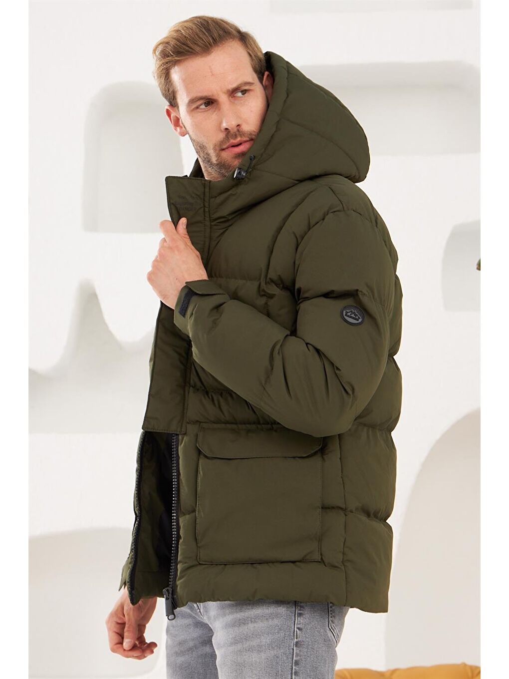 Erkek Su Ve Rüzgar Geçirmez Spor Şişme Mont Haki