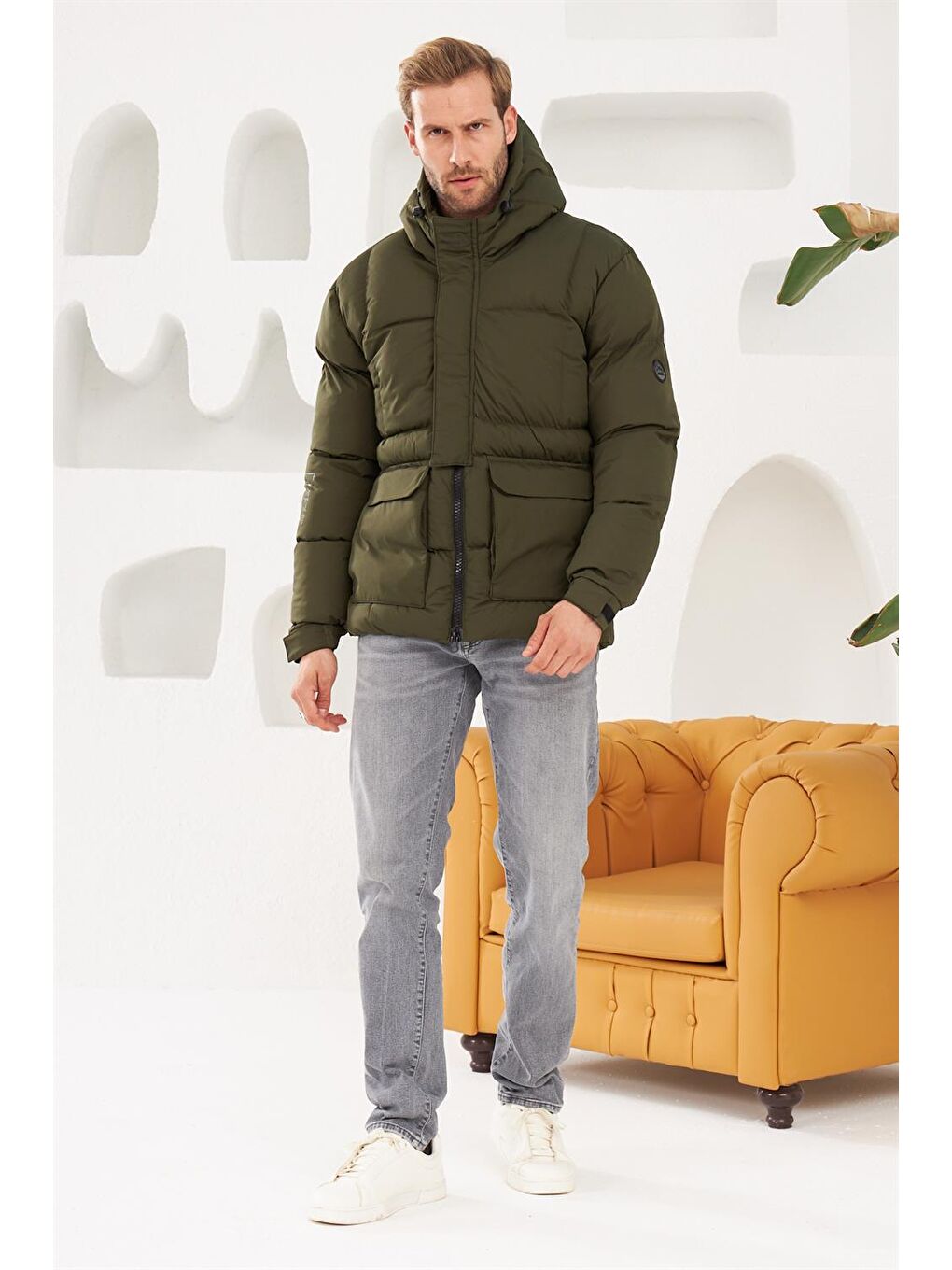 Erkek Su Ve Rüzgar Geçirmez Spor Şişme Mont Haki-1