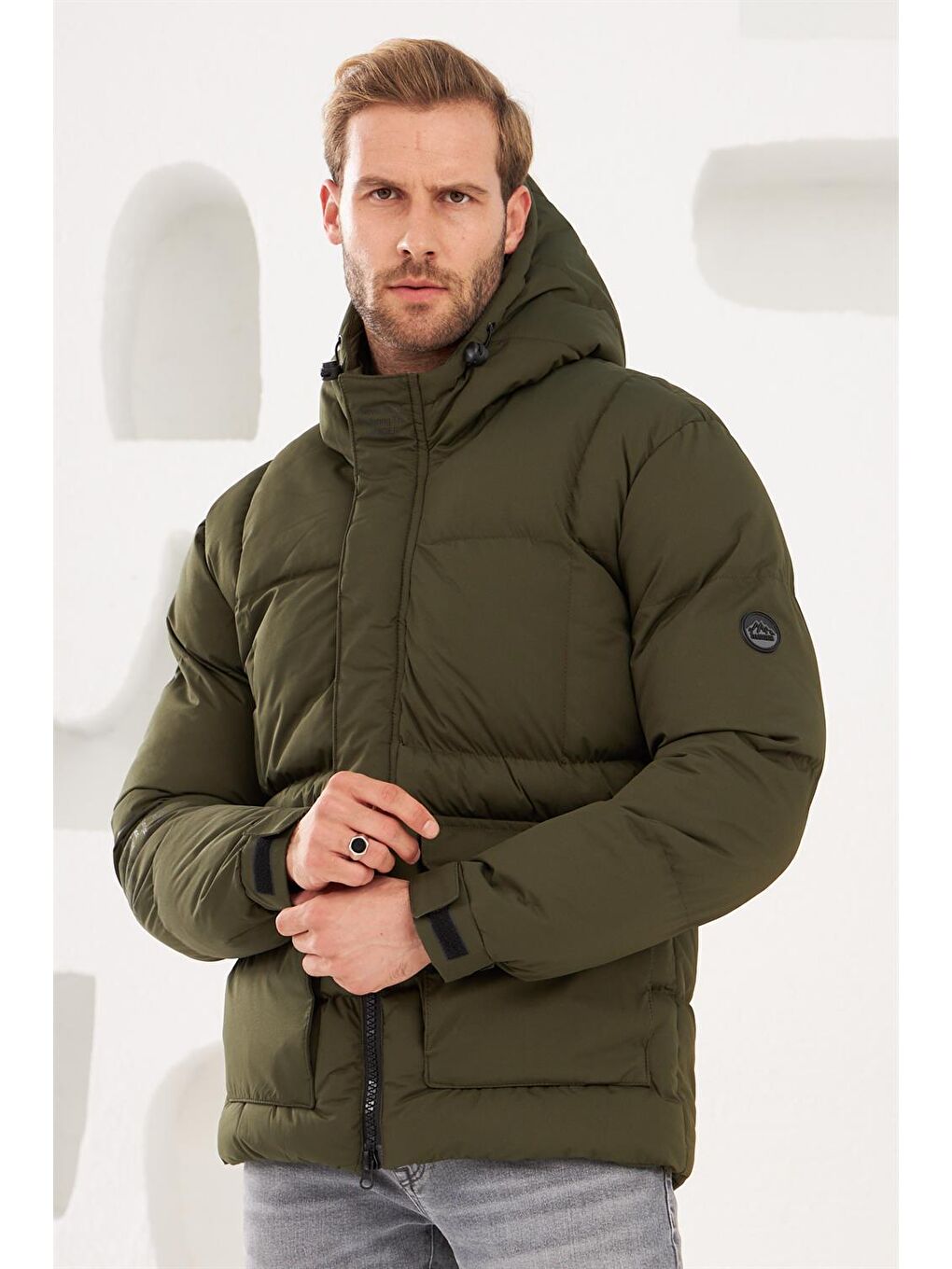 Erkek Su Ve Rüzgar Geçirmez Spor Şişme Mont Haki-3