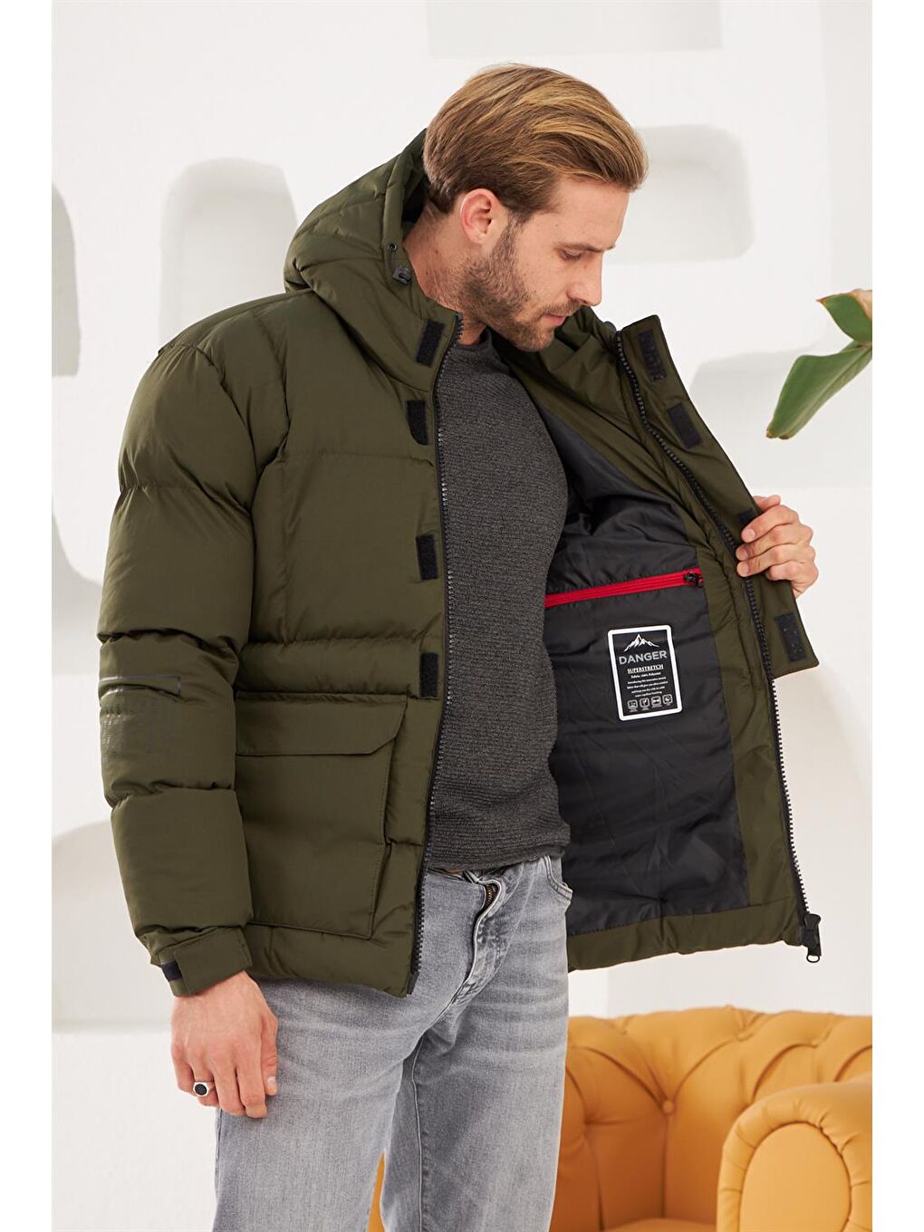 Erkek Su Ve Rüzgar Geçirmez Spor Şişme Mont Haki-4