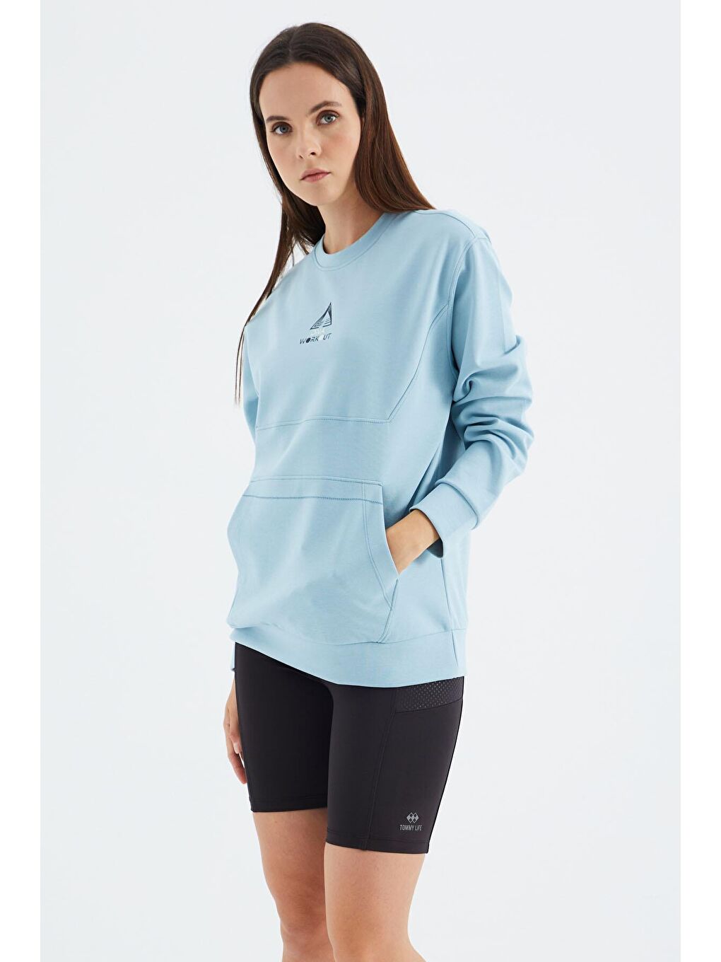 Açık Mavi O Yaka Cep Detaylı Oversize Kadın Sweatshirt - 97276-4