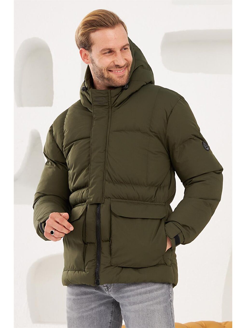 Erkek Su Ve Rüzgar Geçirmez Spor Şişme Mont Haki-5