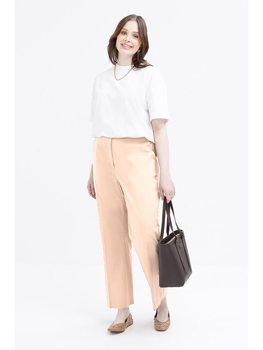 Bej-Beli Lastikli Büyük Beden Elastanlı Havuç Pantolon