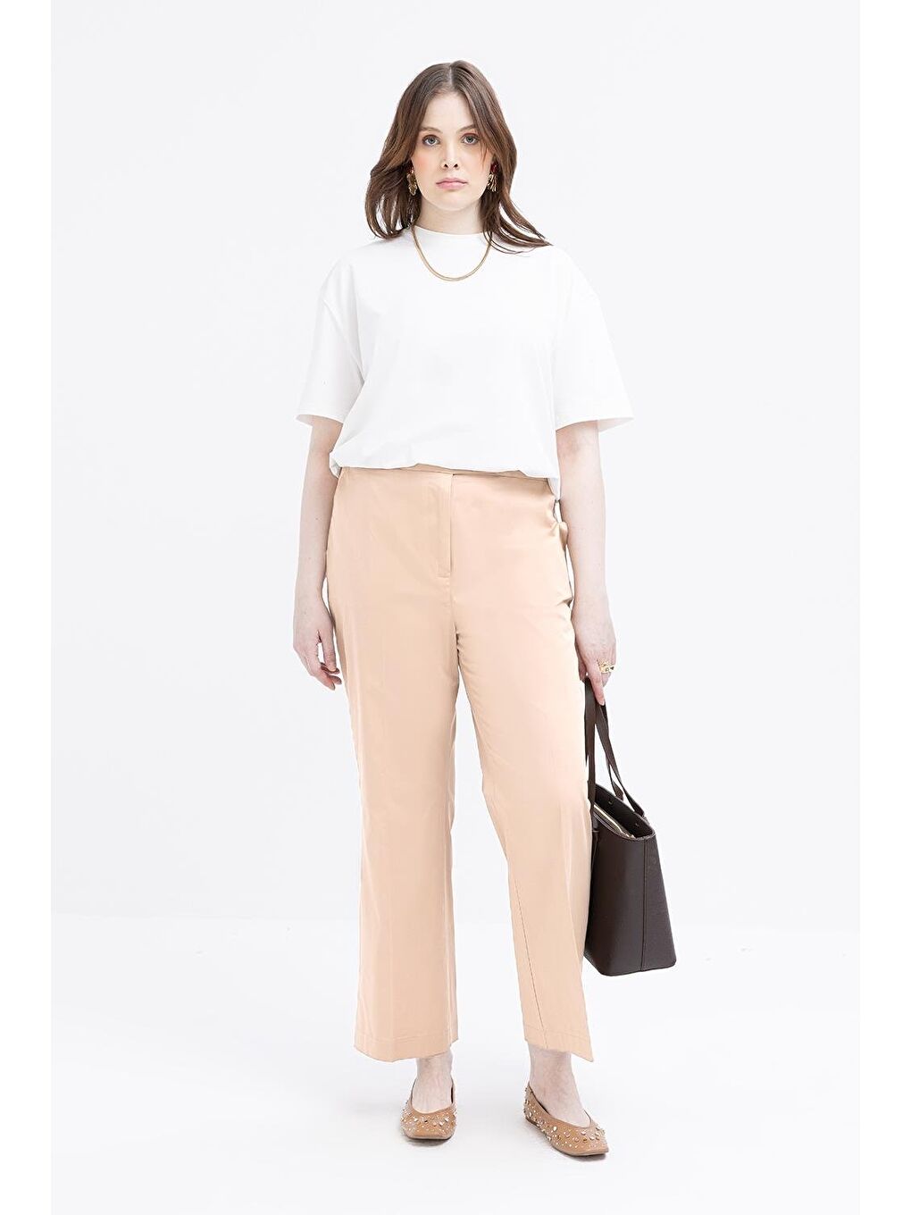 Bej-Beli Lastikli Büyük Beden Elastanlı Havuç Pantolon-1