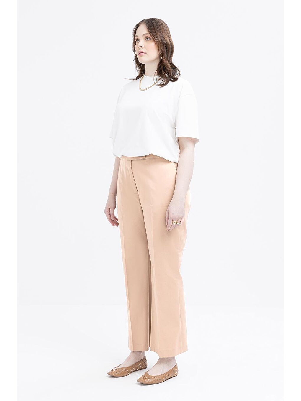 Bej-Beli Lastikli Büyük Beden Elastanlı Havuç Pantolon-2