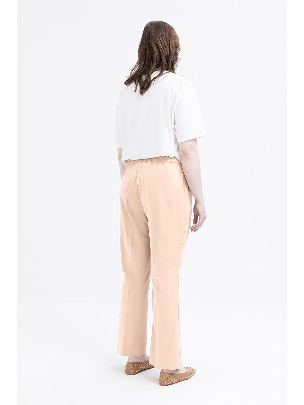 Bej-Beli Lastikli Büyük Beden Elastanlı Havuç Pantolon-3