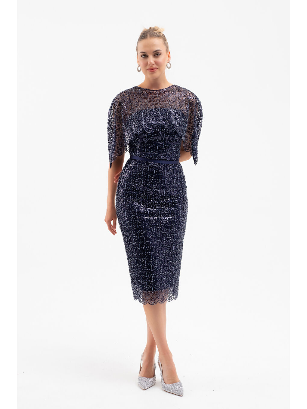 Kadın Lacivert Bolero Detay Boncuklu Midi Söz Nişan Abiye Elbise-1