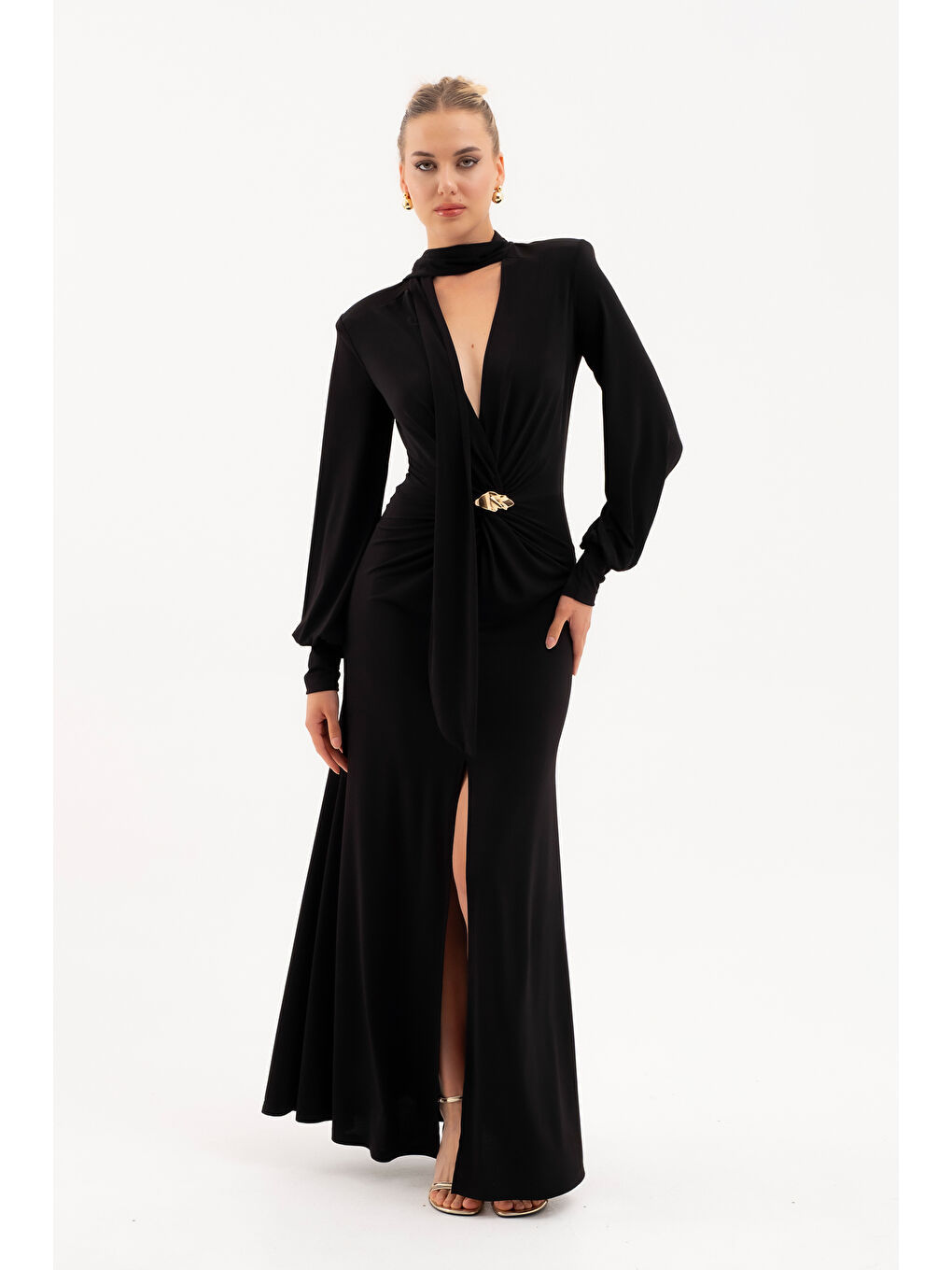 Kadın Siyah Şal Yaka Ön Düğüm Tokalı Uzun Elbise