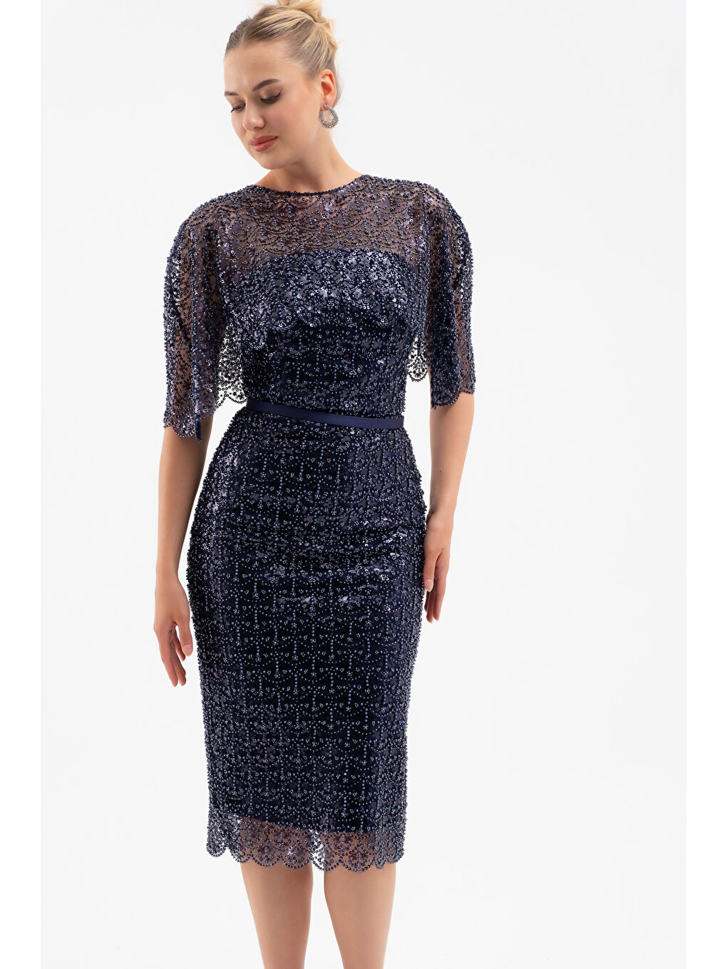 Kadın Lacivert Bolero Detay Boncuklu Midi Söz Nişan Abiye Elbise-2