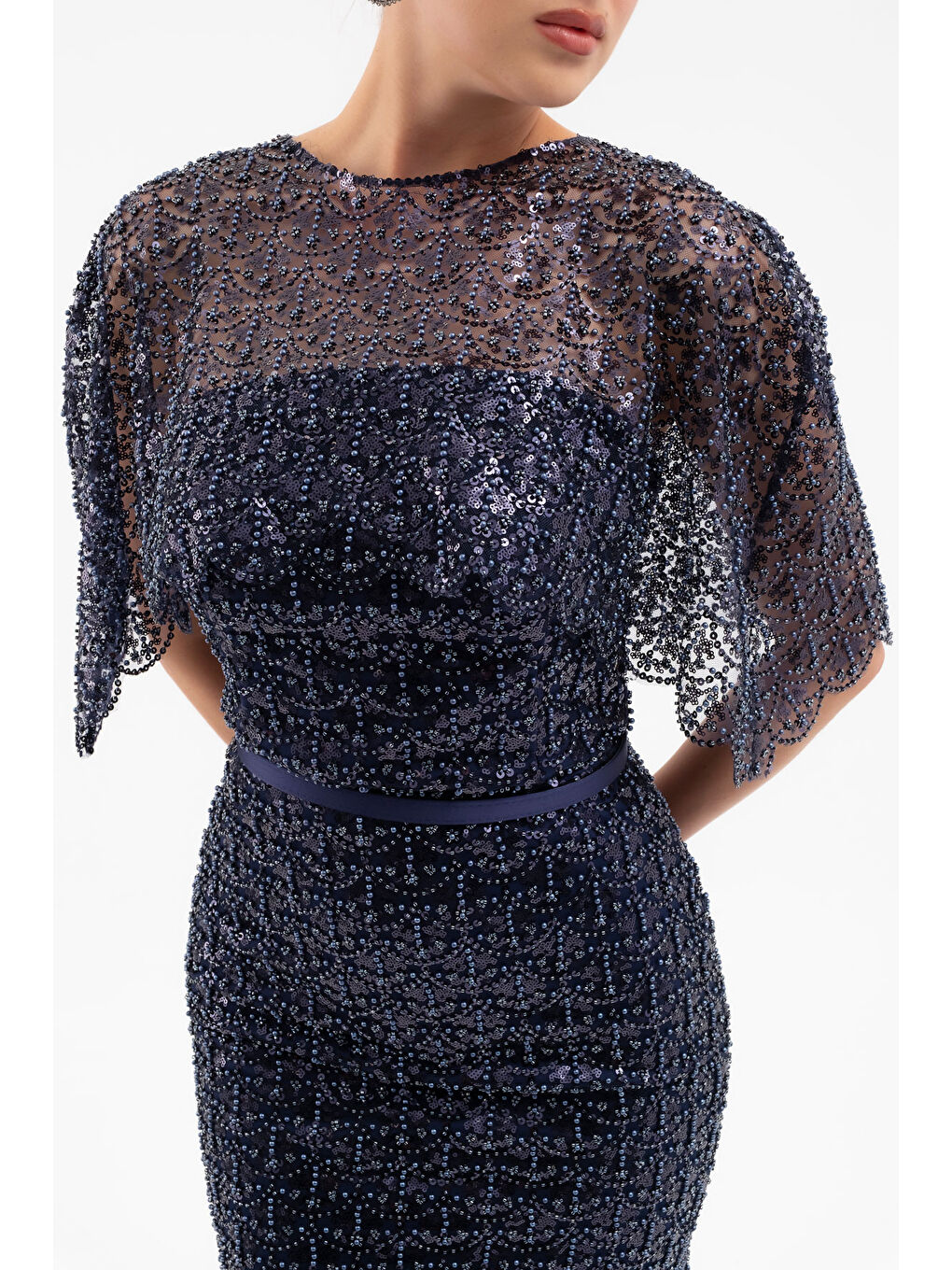 Kadın Lacivert Bolero Detay Boncuklu Midi Söz Nişan Abiye Elbise-4