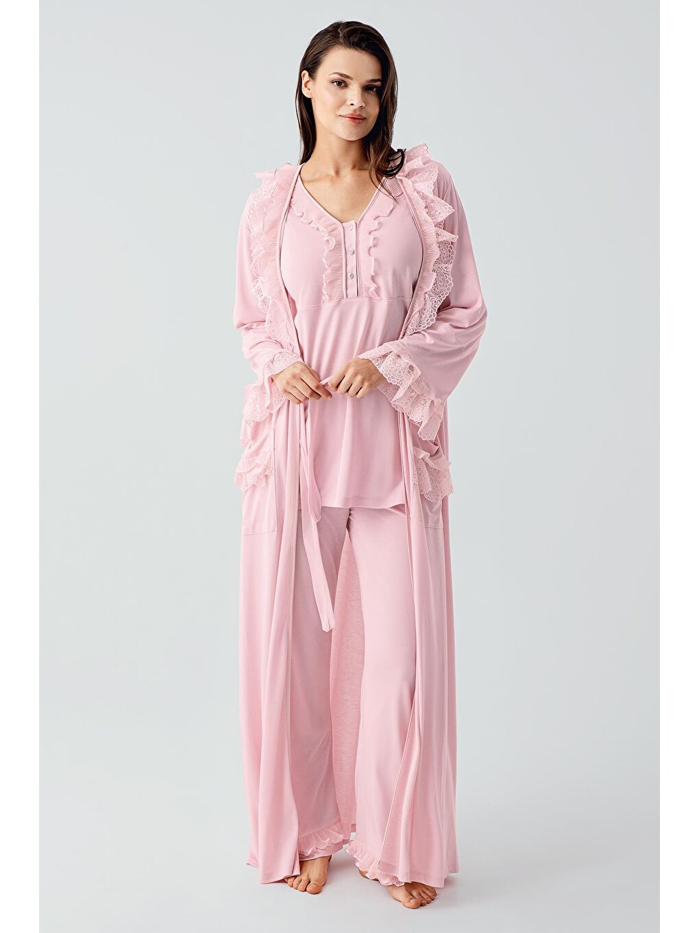 Pembe Uzun Kollu Dantelli Düğmeli Esnek Viskoz Sabahlık Pijama Takım 17304-1