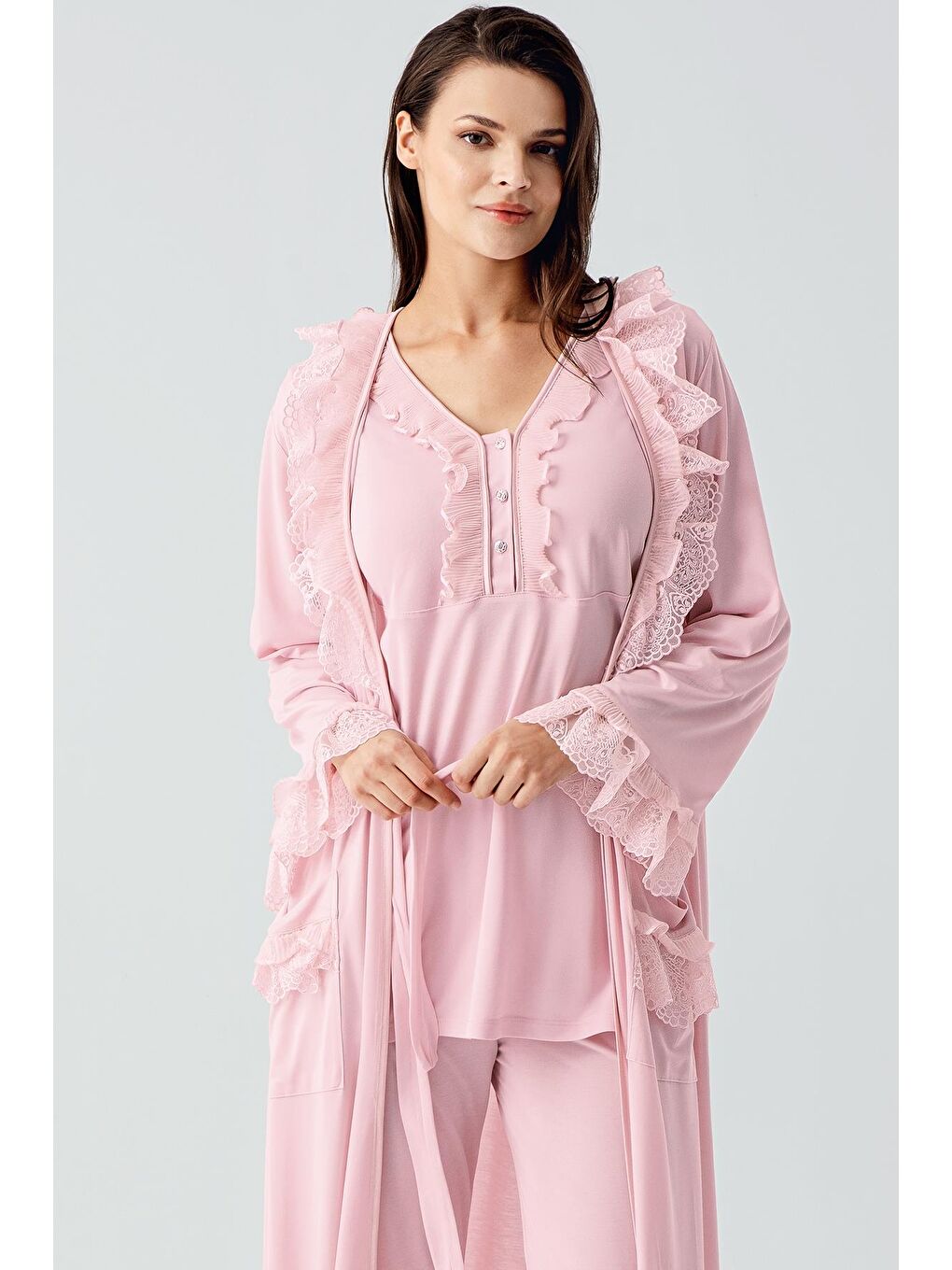 Pembe Uzun Kollu Dantelli Düğmeli Esnek Viskoz Sabahlık Pijama Takım 17304-2