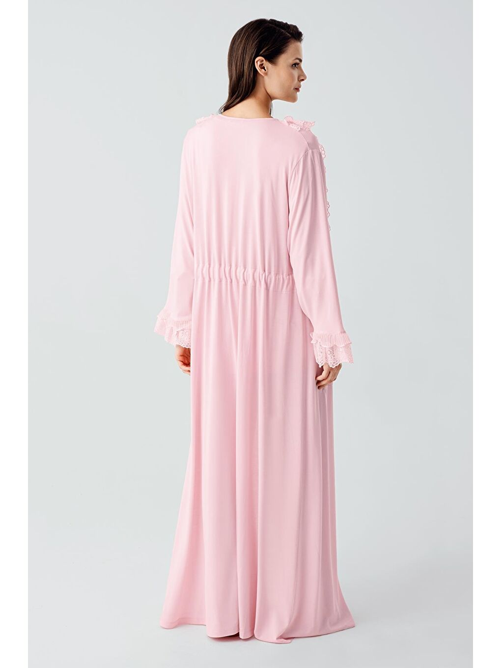 Pembe Uzun Kollu Dantelli Düğmeli Esnek Viskoz Sabahlık Pijama Takım 17304-3