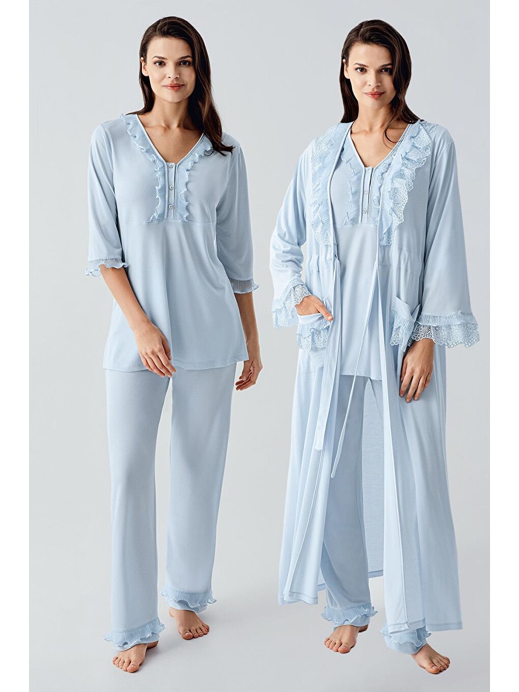 Mavi Uzun Kollu Dantelli Düğmeli Esnek Viskoz Sabahlık Pijama Takım 17304