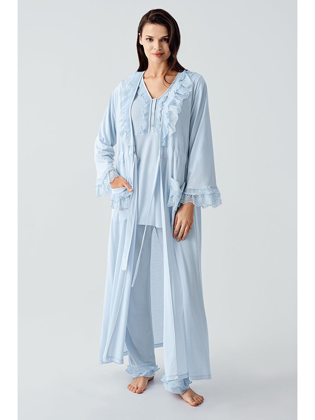 Mavi Uzun Kollu Dantelli Düğmeli Esnek Viskoz Sabahlık Pijama Takım 17304-1