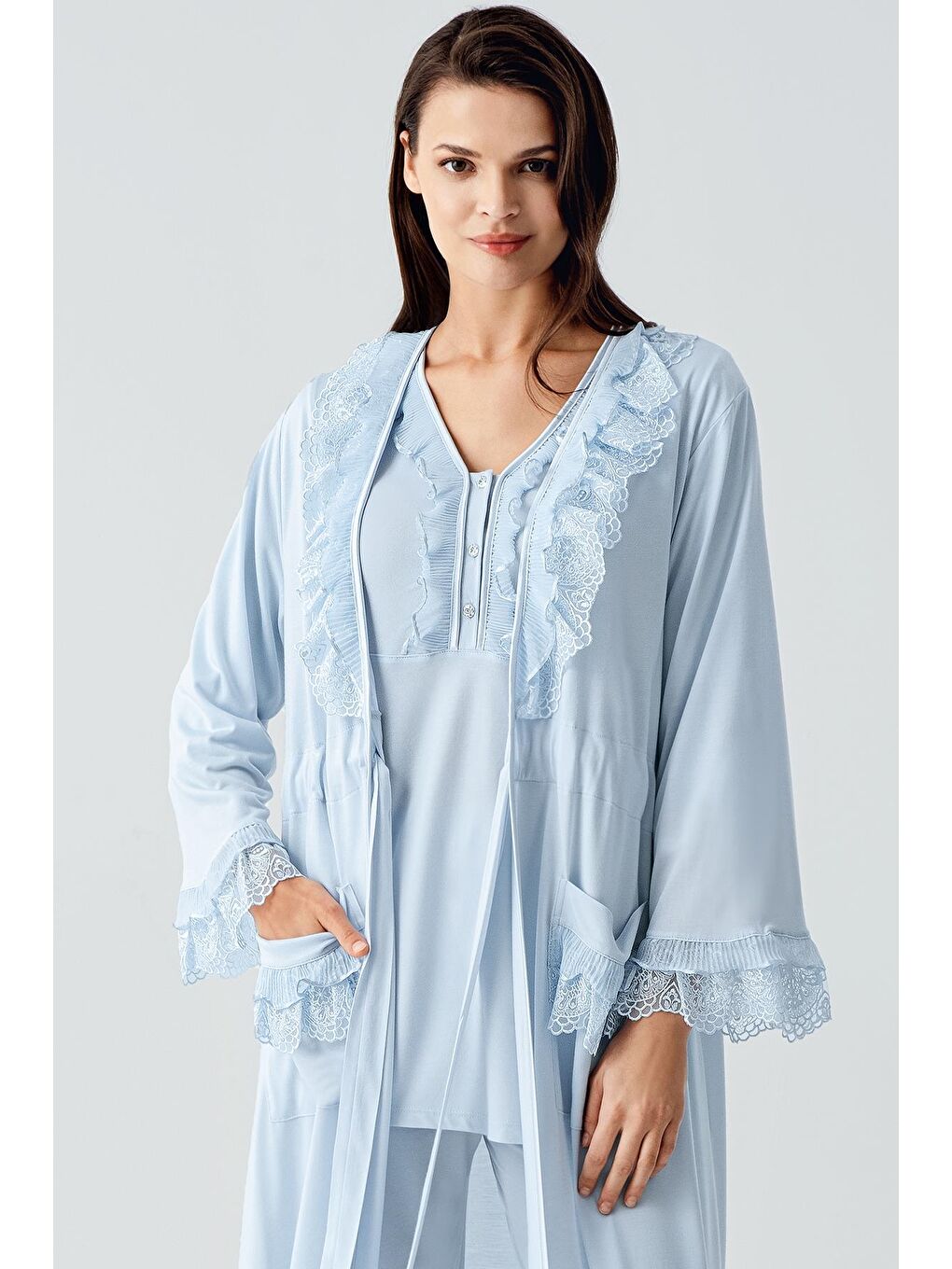 Mavi Uzun Kollu Dantelli Düğmeli Esnek Viskoz Sabahlık Pijama Takım 17304-2
