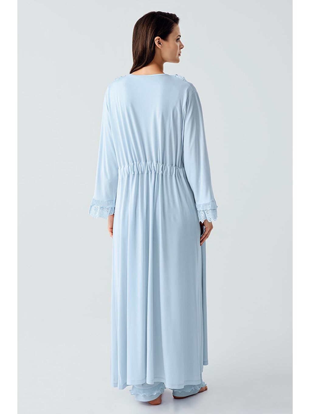 Mavi Uzun Kollu Dantelli Düğmeli Esnek Viskoz Sabahlık Pijama Takım 17304-3