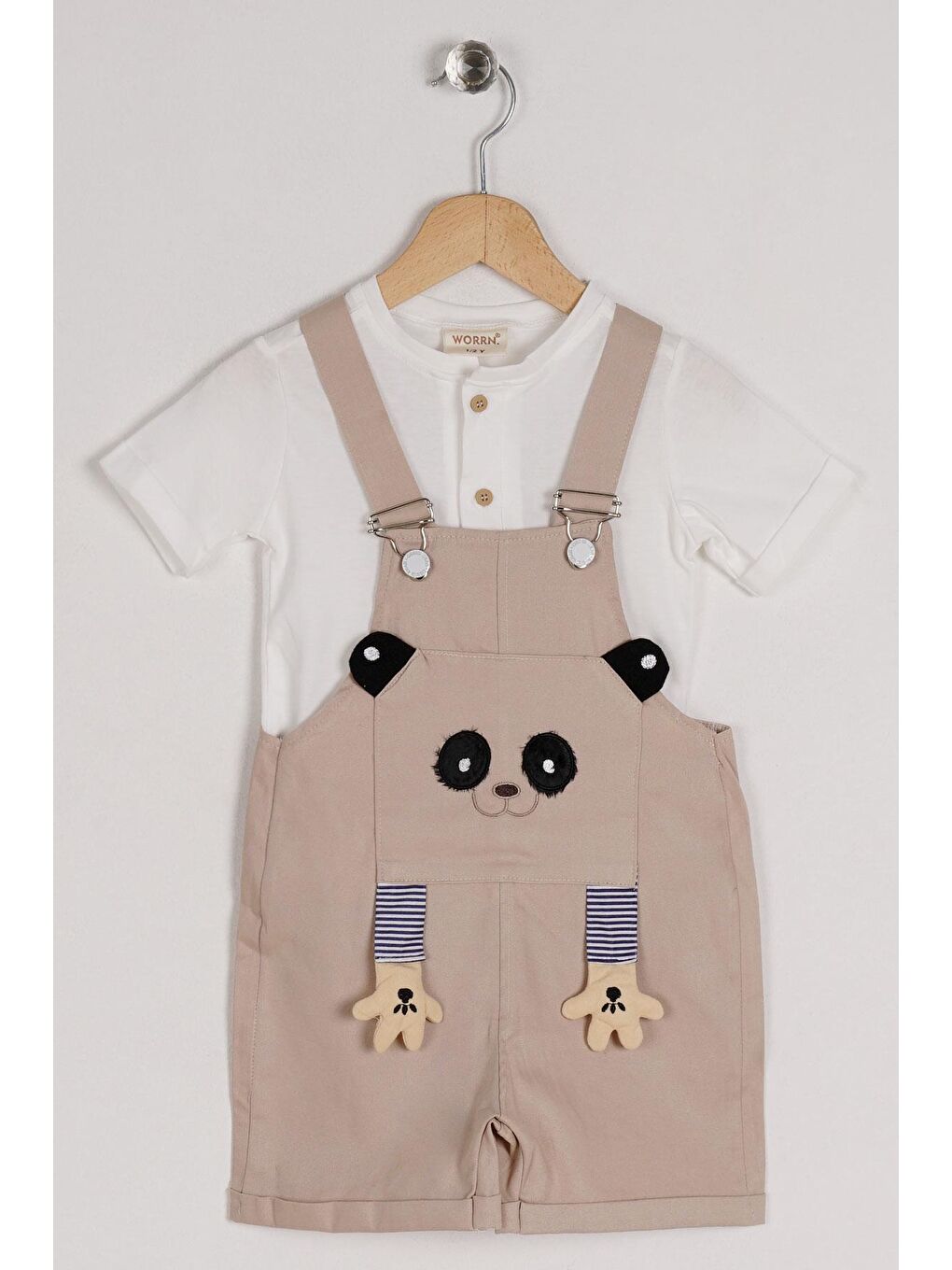 Bisiklet Yaka Kısa Kol Panda Figürlü İçi Tshirtlü Bej Renk Erkek Çocuk Şortlu Salopet