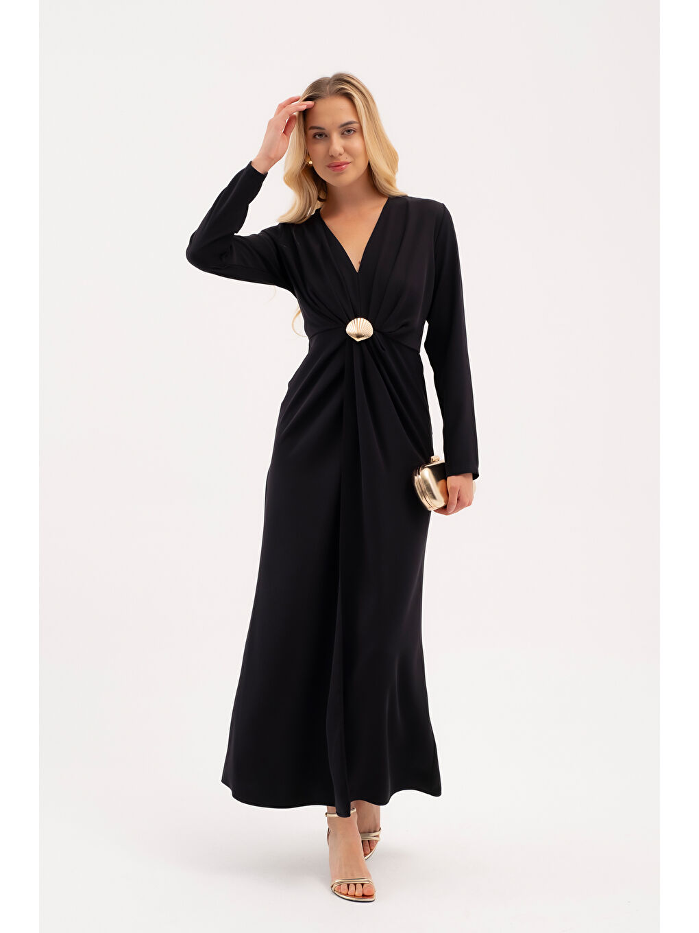 Kadın Lacivert İstiridye Aksesuarlı Uzun Kol Elbise-1