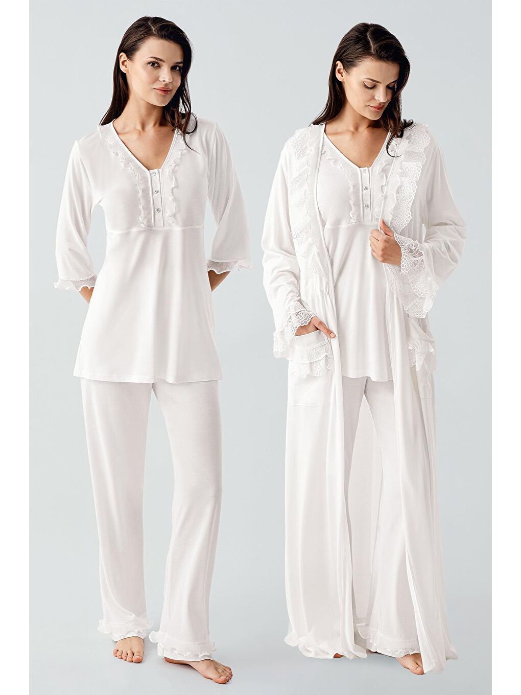 Ekru Uzun Kollu Dantelli Düğmeli Esnek Viskoz Sabahlık Pijama Takım 17304