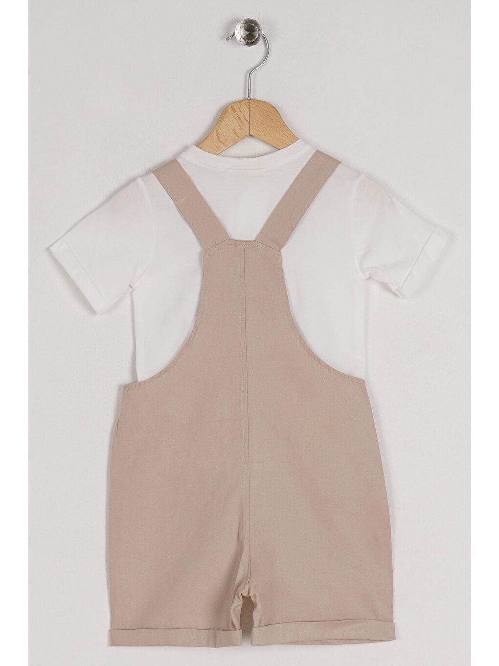 Bisiklet Yaka Kısa Kol Panda Figürlü İçi Tshirtlü Bej Renk Erkek Çocuk Şortlu Salopet-1