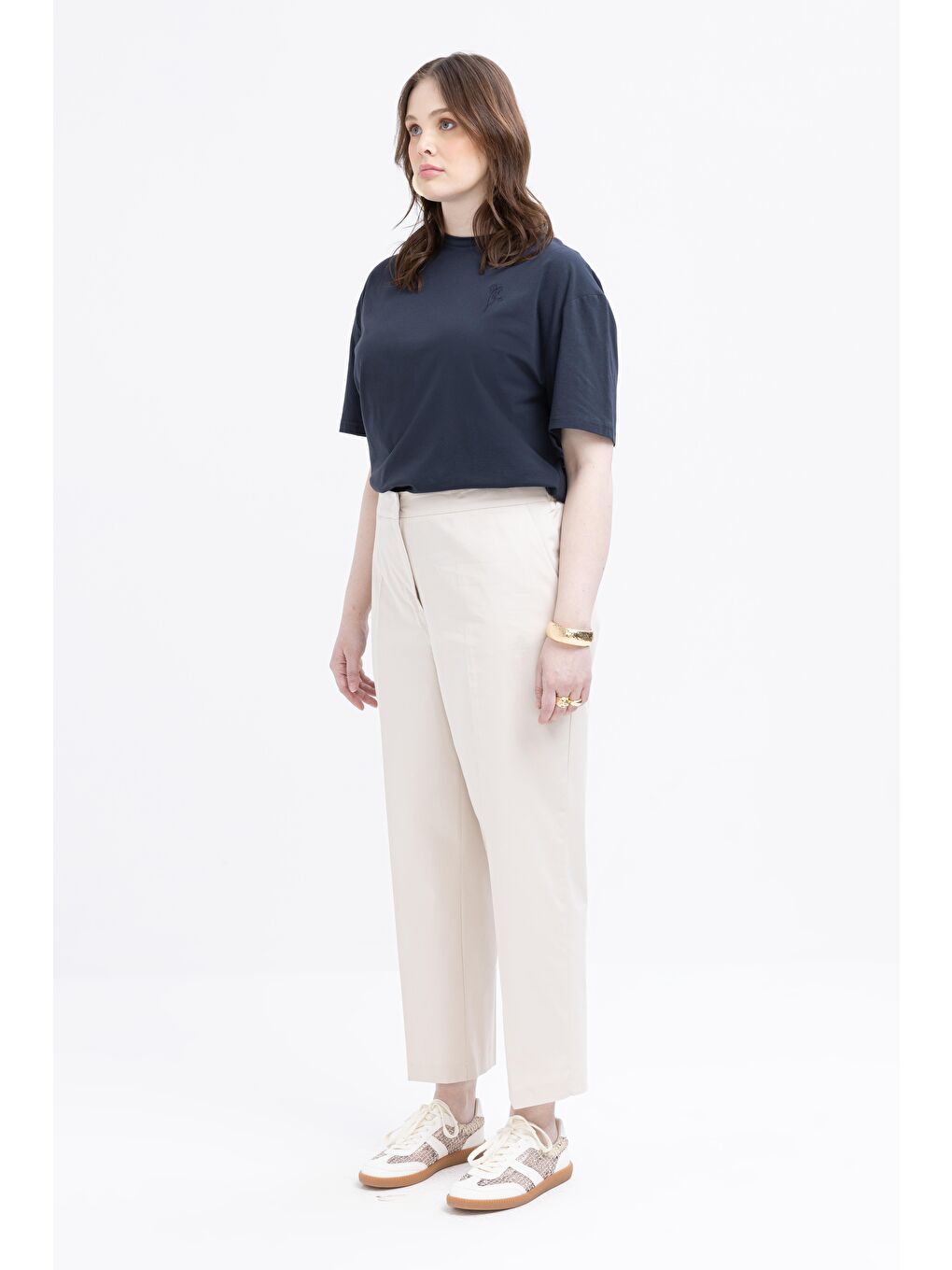 Bej Taş-Beli Lastikli Büyük Beden Elastanlı Havuç Pantolon-1