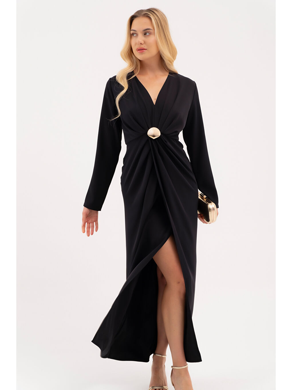 Kadın Lacivert İstiridye Aksesuarlı Uzun Kol Elbise-2