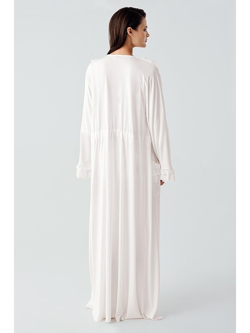 Ekru Uzun Kollu Dantelli Düğmeli Esnek Viskoz Sabahlık Pijama Takım 17304-3