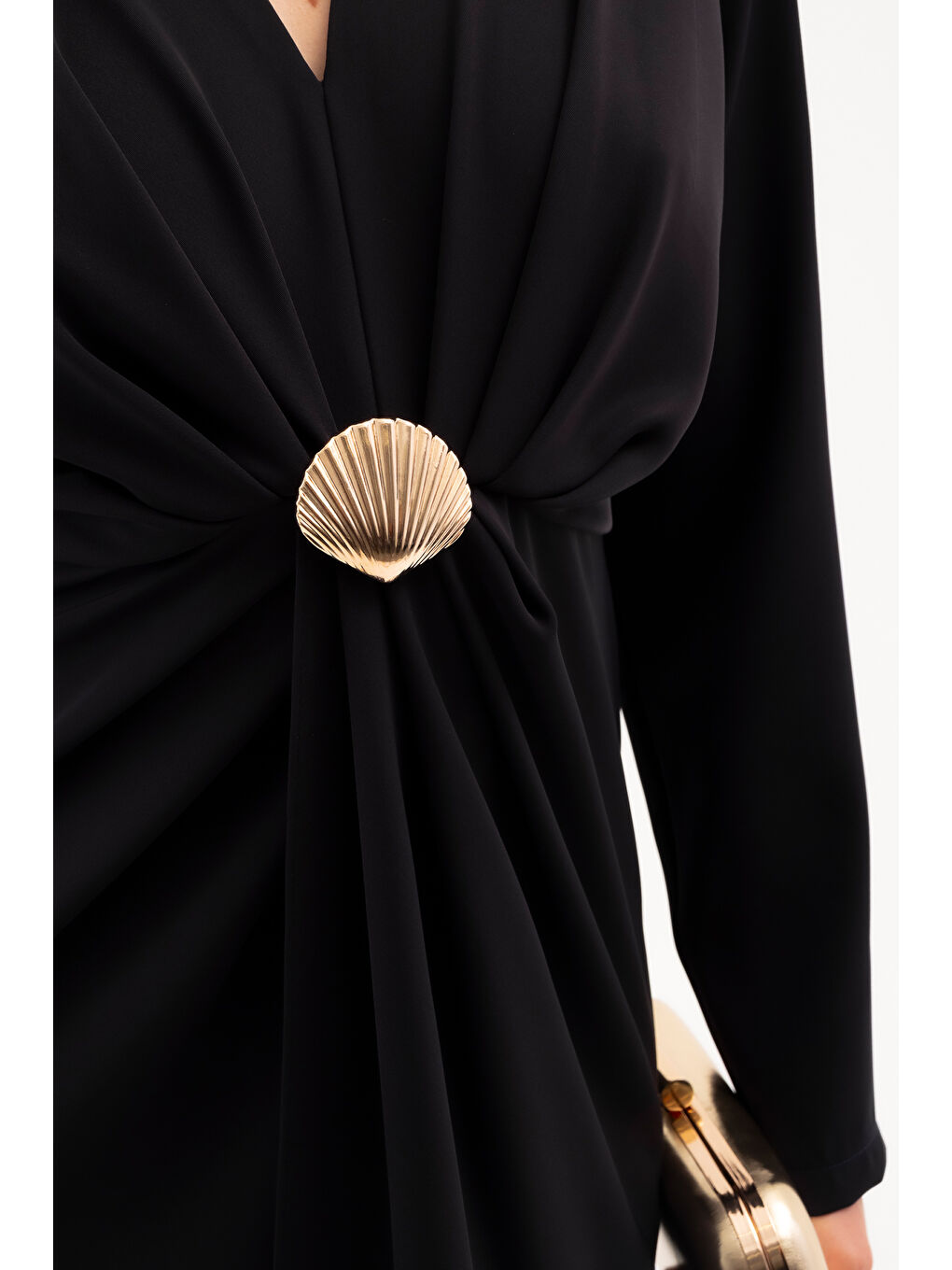 Kadın Lacivert İstiridye Aksesuarlı Uzun Kol Elbise-3